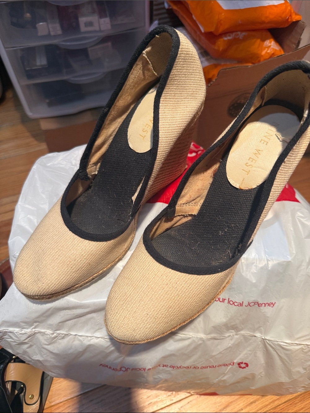 Nine West Beige Canvas Wedges with Black Trim